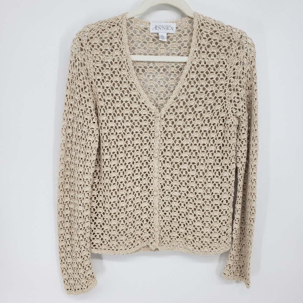 Vintage 90s Casual Corner Annex Crochet Knit Cardigan Women Sz L Beige Button Up